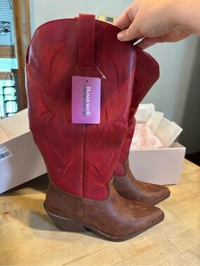 Hawkwell Red and Brown Western-Inspired Heeled Boots for Women